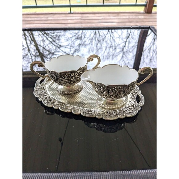 Silverplate Embossed Floral Vtg Sugar Bowl Creamer w Tray White Porcelain Rare - Picture 1 of 16